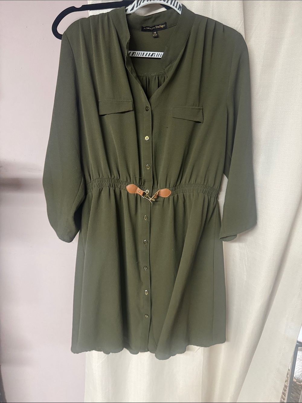 Olive Green Button-Front Shirt Dress